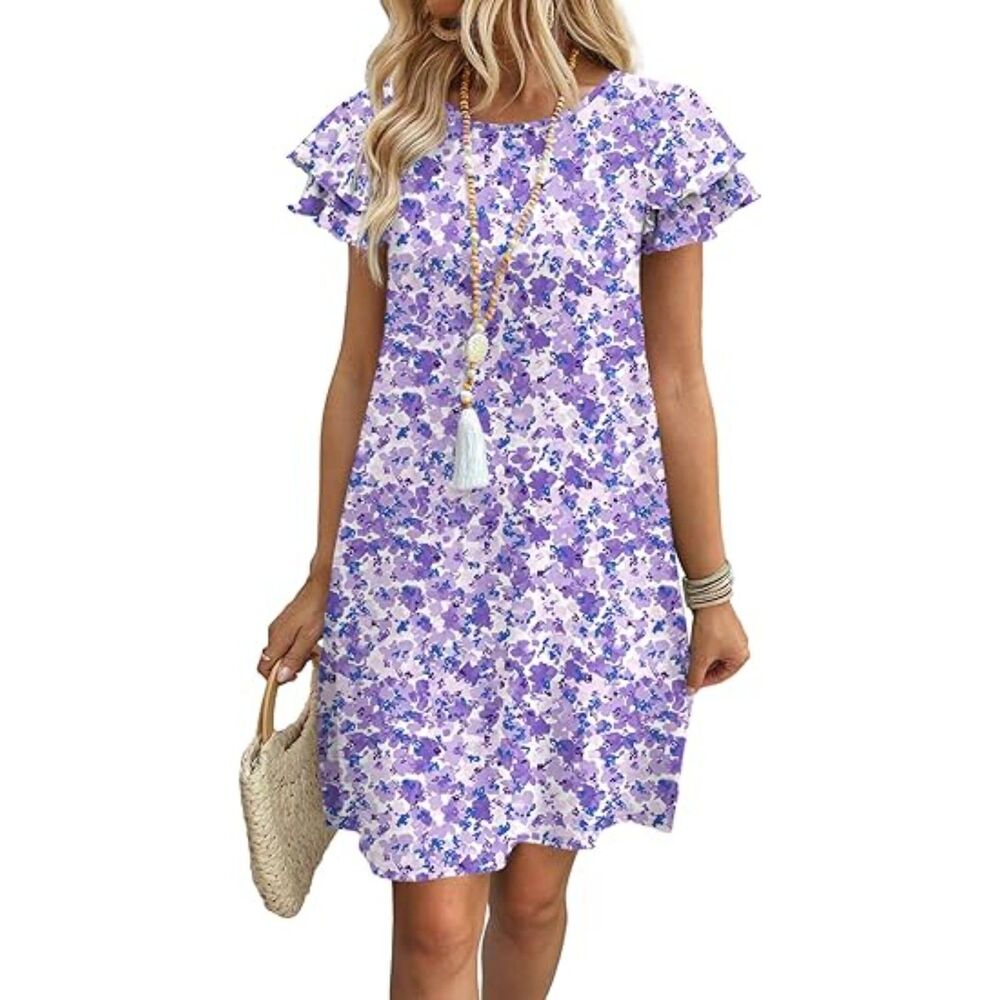 Women's Purple Ruffle Sleeve Round Neck Loose With Pockets Plain Print Dress